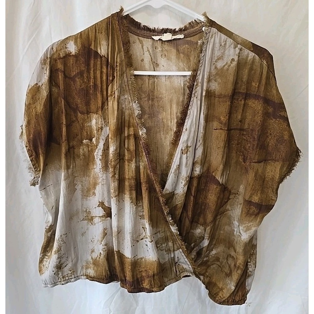 Grade & Gather Deep V-neck Surplus Wrap Blouse Shirt Brown Tie Dye Print‎ Size M